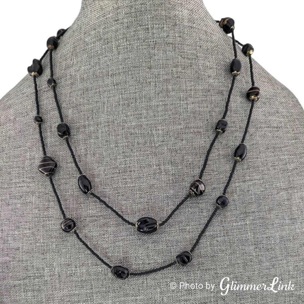 Vintage Long Black Gold Flecked Beaded Bohemian Necklace